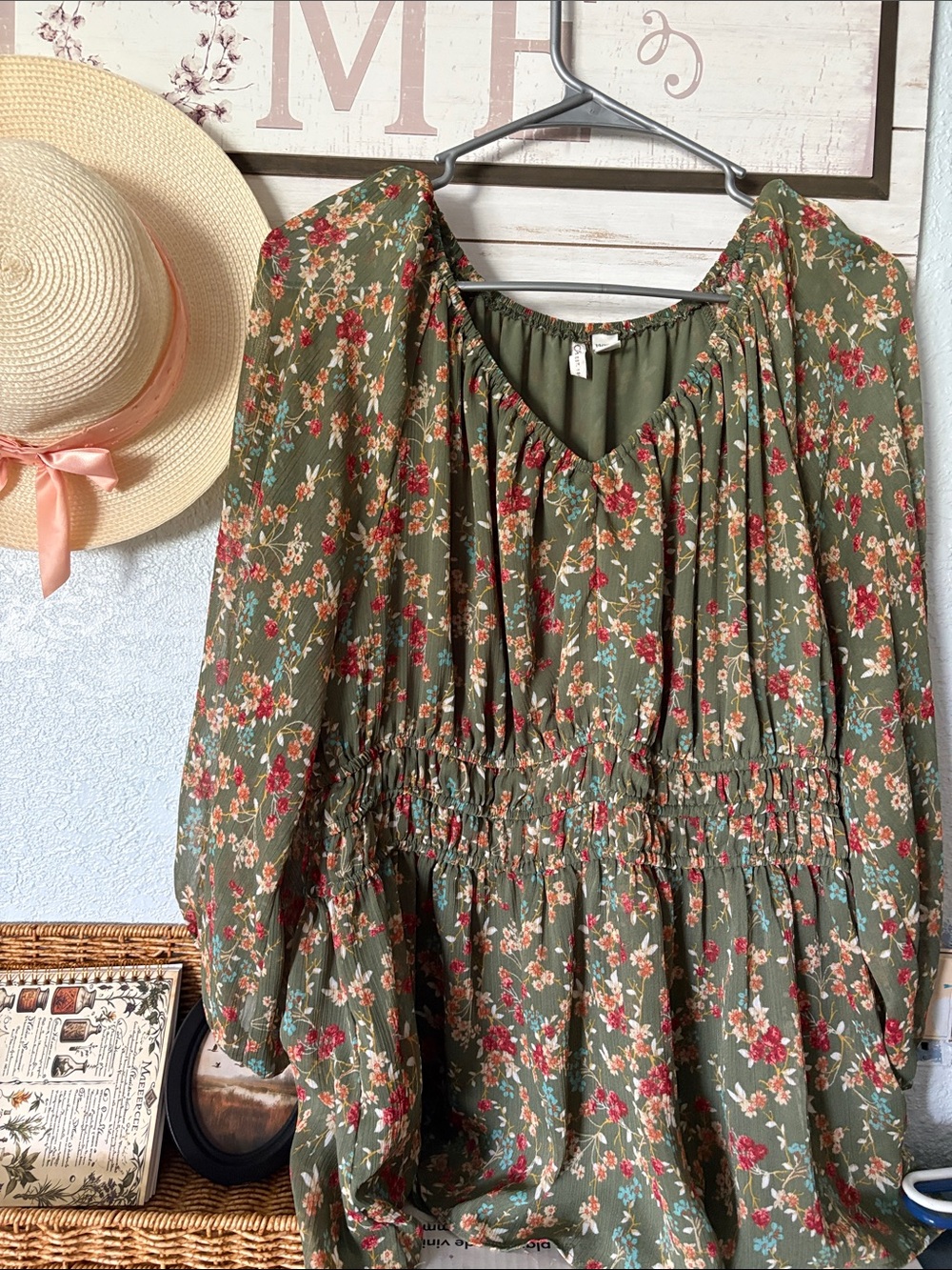 Cato Olive Green Floral Peasant Blouse